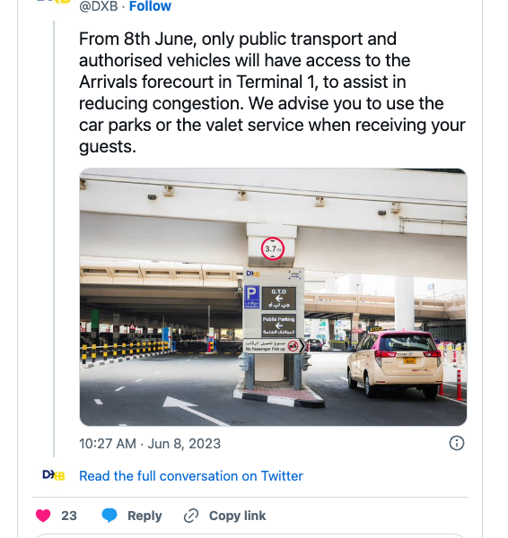 6月8日起，私人车辆无法进入迪拜国际机场1号航站楼到达区