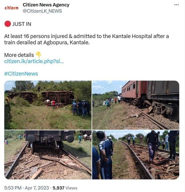 斯里兰卡一列火车脱轨，至少16人受伤