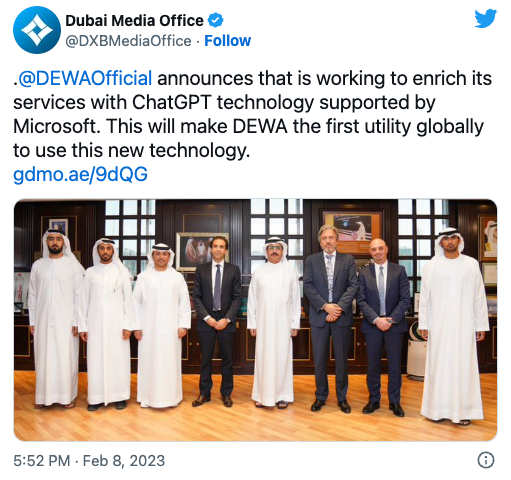 迪拜水电局将ChatGPT技术用于客户服务中